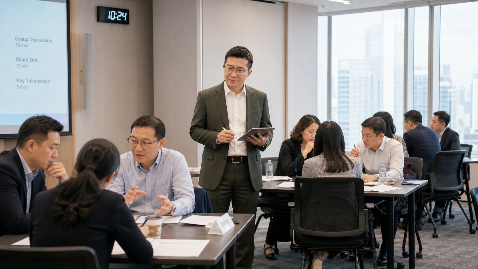JC Leung facilitating Corporate Changemaker programme — group discussion in modern office